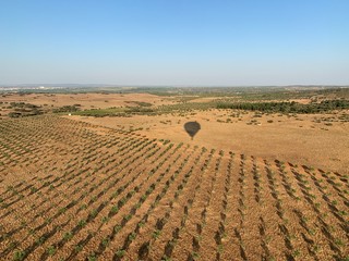 Shadows during a hot air balloon flight at sunrise, over the great Alqueva lake in Alentejo, São Lourenço do Barrocal, Monsaraz, Portugal