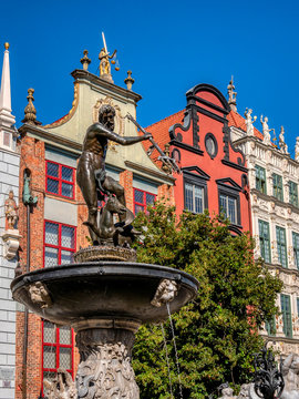 Neptune statue on the main street of old town, Gdansk, Poland.