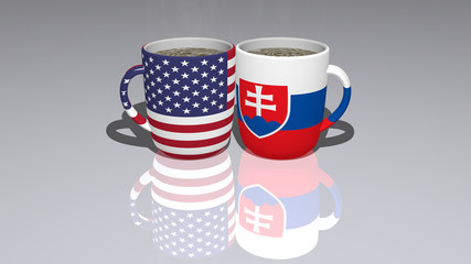 united states of america slovakia placed on a cup of hot coffee in a 3D illustration with realistic perspective and shadows mirrored on the floor