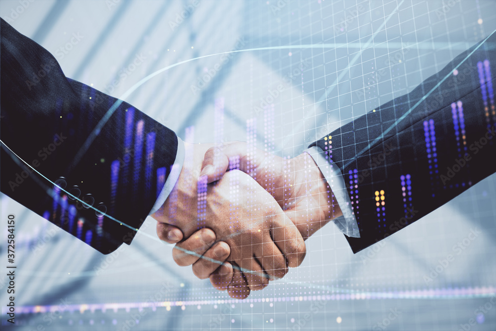 Poster double exposure of forex graph hologram and handshake of two men. stock market concept.