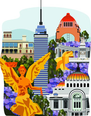 Mexico City iconic buildings collage illustration 