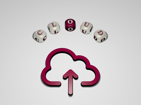 cloud circular text of separate letters around the 3D icon, 3D illustration for background and blue