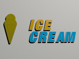3D representation of ice cream with icon on the wall and text arranged by metallic cubic letters on a mirror floor for concept meaning and slideshow presentation for background and cold