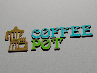 3D graphical image of coffee pot vertically along with text built by metallic cubic letters from the top perspective, excellent for the concept presentation and slideshows for background and cup
