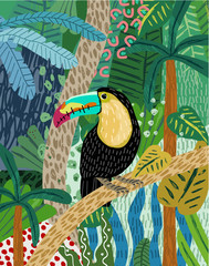 Abstract jungle background! Vector illustrations of parrot toucan, palm, leaves, trees, spots, objects and textures. Hand-drawn art for poster or card 
 - obrazy, fototapety, plakaty