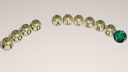 food allergy text of dice letters with curvature, 3D illustration for background and fresh