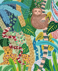 Abstract jungle background! Vector illustrations of animals (sloth, snake, leopard), leaves, spots, objects and textures. Hand-drawn art for poster, bunner or card 