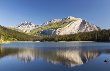 Naklejka na ściany i meble Mountain Peaks reflected in Calm Water of Scenic Alpine Lake. Beautiful Landscape in Kananaskis Country, Alberta Canada 