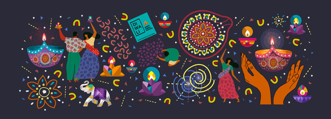 Happy Diwali. Indian festival of lights. Vector abstract flat illustration for the holiday, lights, hands,  Indian people, woman and other objects for background or poster.  
