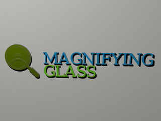 3D illustration of MAGNIFYING GLASS graphics and text made by metallic dice letters for the related meanings of the concept and presentations for background and business
