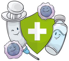 Vaccine Vial, Syringe, Leukocytes Characters and Shield Promoting Vaccination, Vector Illustration