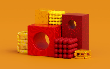 3D render background cubes spheres gold red yellow