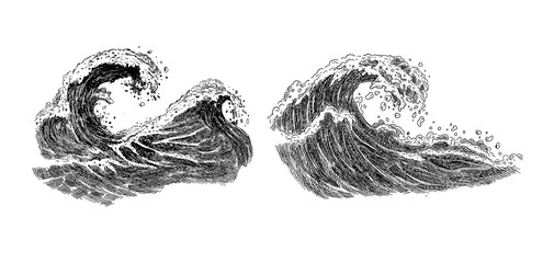 Sea wave sketch. Vintage hand drawn ocean tidal storm waves isolated on white background for surfing and seascape. 
