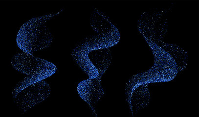 Set of dinamic blue waves smoke, mist and atomizing with sparkling particles. Effect of spray and fog