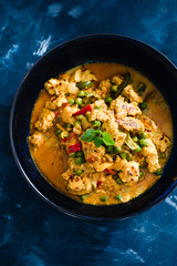 plant-based food, vegan curry stir fry with grilled tofu chunks