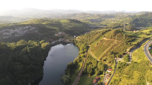 Asturias. Nalon River and beautiful landscape in Priañes.Spain. Aerial Drone Footage