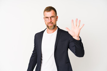 Senior business man isolated on white background smiling cheerful showing number five with fingers.