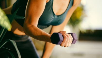 woman with dumbbell doing exercise at home