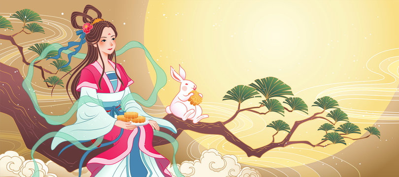 Mid Autumn Chang E Sits On A Branch