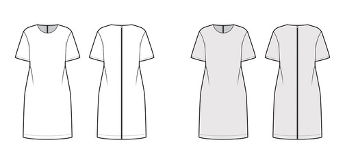 Back zip-up oversized dress technical fashion illustration with round neck, elbow sleeves, below-the-knee length. Flat apparel tunic template front back, white, grey color. Women men unisex CAD mockup