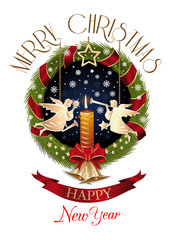 Christmas fir-tree wreath with angels, gold bells and a burning candle. Merry Christmas and Happy New Year. Vector illustration