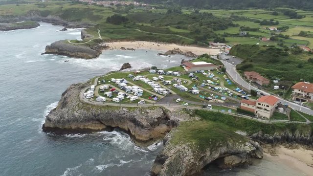 Camping in Llanes, beautiful coastal village of Asturias,Spain. Aerial Drone Footage