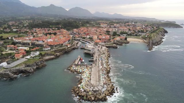 Llanes, beautiful coastal village of Asturias,Spain. Aerial Drone Footage