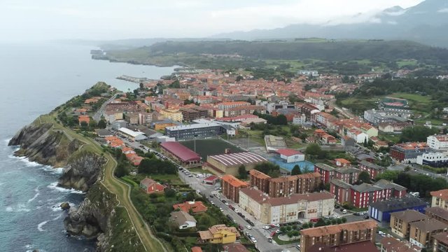 Llanes, beautiful coastal village of Asturias,Spain. Aerial Drone Footage