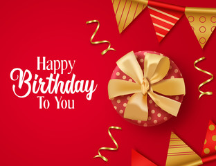 Fototapeta na wymiar Happy birthday in red background vector template. Happy birthday text with party gift and pennant element and empty space for greeting card messages. Vector Illustration