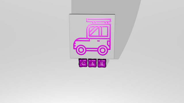 3D representation of car with icon on the wall and text arranged by metallic cubic letters on a mirror floor for concept meaning and slideshow presentation for illustration and auto