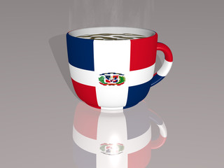 DOMINICAN REPUBLIC placed on a cup of hot coffee in a 3D illustration with realistic perspective and shadows mirrored on the floor