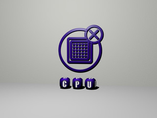 cpu 3D icon on the wall and text of cubic alphabets on the floor, 3D illustration for computer and background