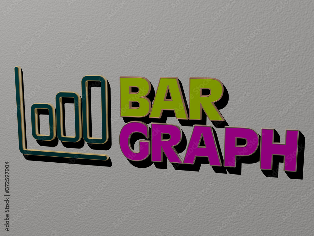 Poster 3d representation of bar graph with icon on the wall and text arranged by metallic cubic letters on 