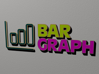 3D representation of BAR GRAPH with icon on the wall and text arranged by metallic cubic letters on a mirror floor for concept meaning and slideshow presentation for background and illustration