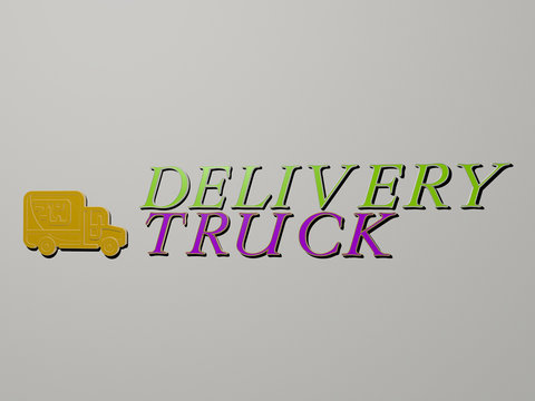 3D representation of delivery truck with icon on the wall and text arranged by metallic cubic letters on a mirror floor for concept meaning and slideshow presentation for illustration and business