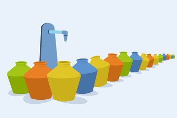 Empty pots infront of a public water tap. Concept for drinking water scarcity