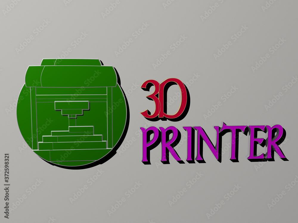 Fototapete 3d illustration of 3d printer graphics and text made by metallic dice letters for the related meanin