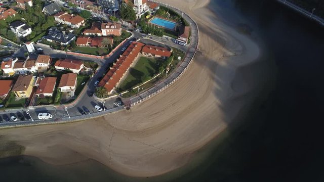 Beach in Ribadesella, coastal village of Asturias,Spain. Aerial Drone Footage