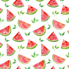 Watercolor seamless pattern with hand-drawn watermelon slices and leaves on white background. Perfect for textile, fabrics, wrapping paper, wallpaper, linens and cards.