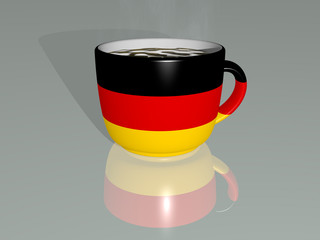 3D illustration of GERMANY placed on a cup of hot coffee with a realistic perspective and shadows mirrored on the floor
