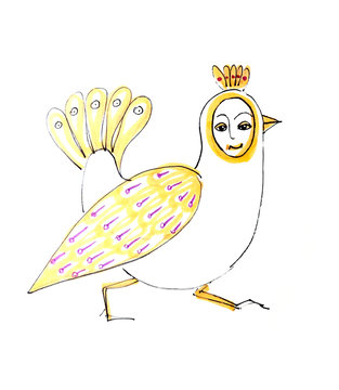 bird with a female face, graphic color drawing on a white background