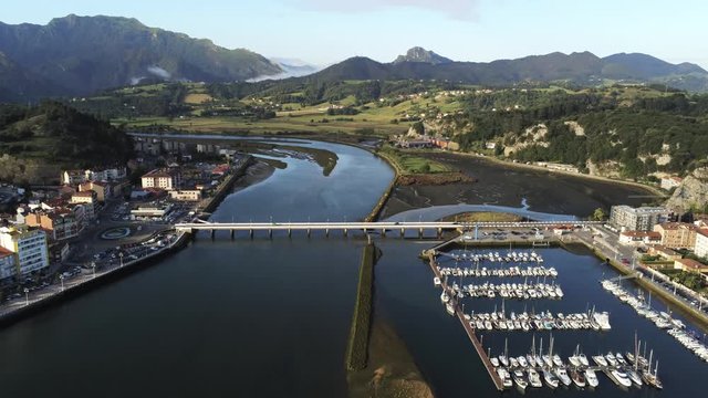 Bridge in Ribadesella, coastal village of Asturias,Spain. Aerial Drone Footage