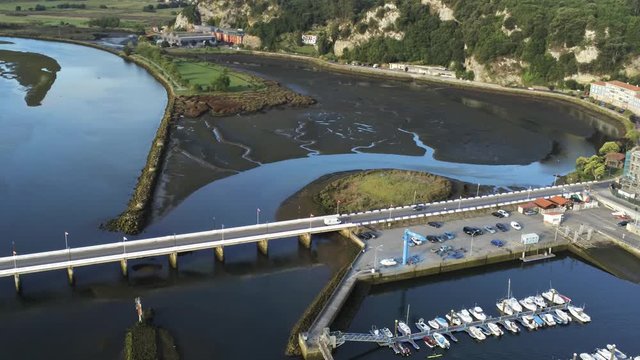 Bridge in Ribadesella, coastal village of Asturias,Spain. Aerial Drone Footage