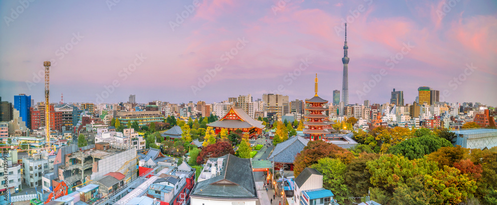 Wall mural view of tokyo skyline with senso-ji temple