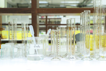 glassware laboratory of equipment at workplace for background