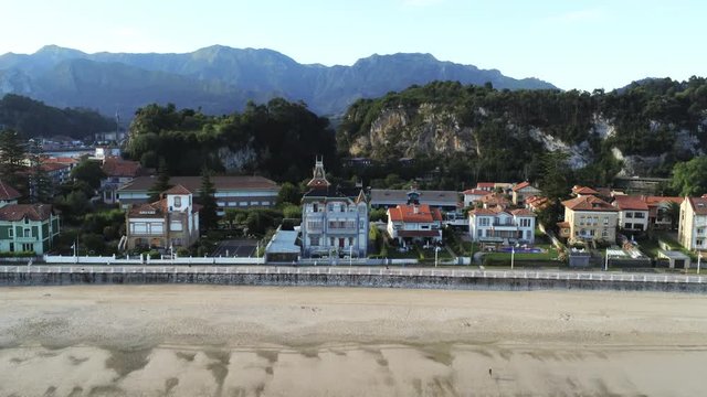 Ribadesella, coastal village of Asturias,Spain. Aerial Drone Footage