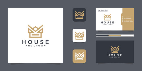 Crown house logo design inspiration with line style and business card inspiration