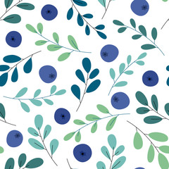 Blueberries with Green Leaves Seamless Pattern