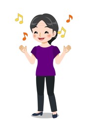 紫のシャツを着た年配の女性