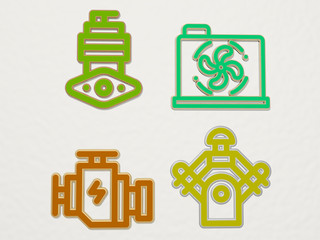 car engine 4 icons set, 3D illustration